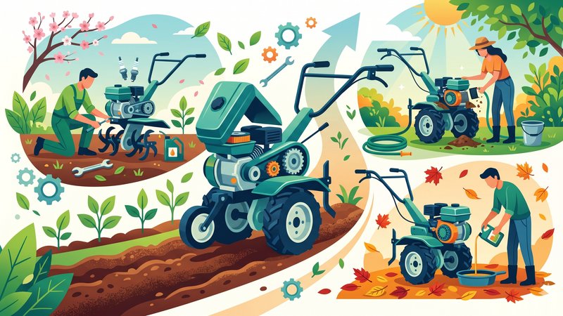 Современная иллюстрация процесса технического обслуживания и ремонта садового культиватора для продления срока службы